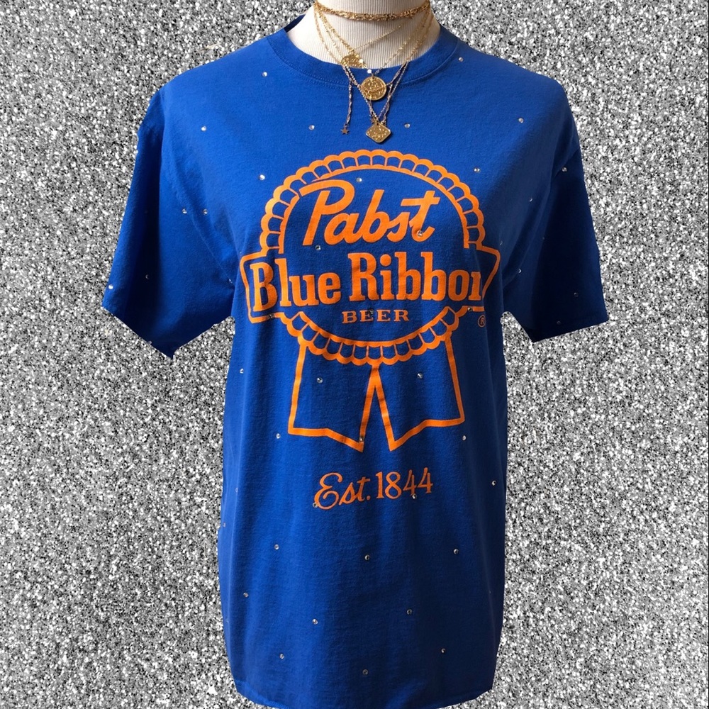 Upcycled Rhinestone Pabst Blue Ribbon Beer T-Shirt